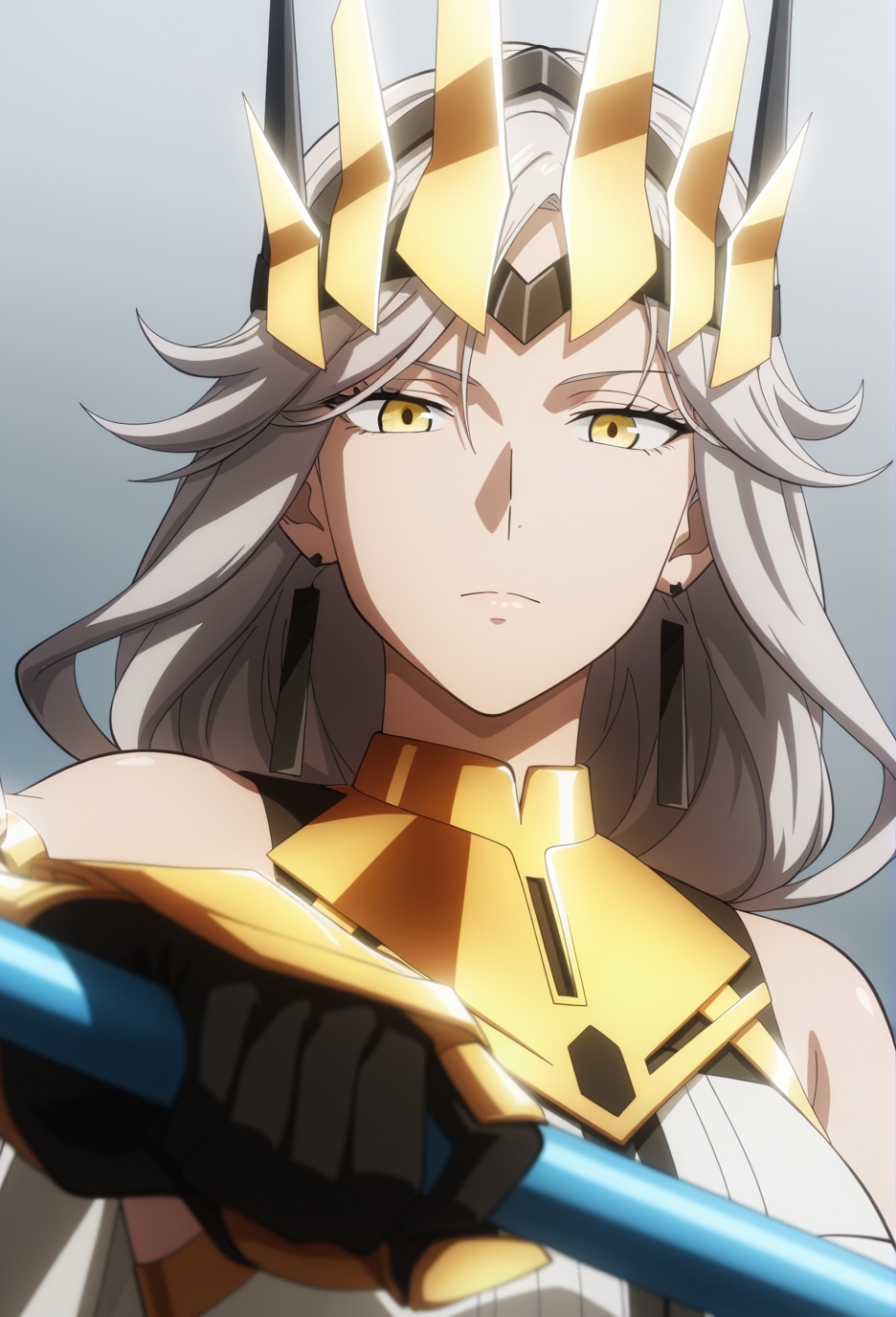 official style,(anime coloring:1.6),(anime screencap) masterpiece,masterpiece,best quality,very aesthetic,
absurdres,highres,
mature female,slim figure,medium breasts,<lora:detailed hand focus style illustriousXL v1:0.5>,detailed,
light grey background,solid background,gradient background,backlighting,cinematic_angle,1girl,solo,
sunrise,expressionless,looking at viewer,contempt,confident,elegant,standing,upper body,portrait,
<lora:To Be Hero X-QueenV1-Nuclear1811-IL:0.7>,Queen-Liu,yellow eyes,grey hair,long hair,very long hair,braid,long braid,single braid,braided ponytail,ch3,ch3 horns,ch3 silver horns,ch3 fake horns,ch3 jewelry,ch3 earrings,ch3 black earrings,ch3 armor,ch3 golden armor,ch3 cape,ch3 white cape,ch3 bare shoulders,ch3 dress,ch3 white dress,ch3 boots,ch3 gauntlets,ch3 boots,ch3 white footwear,ch3 high heels,ch3 high heel boots,ch3 crown,ch3 golden crown,ch3 headgear,ch3 headpiece,wp1 weapon,wp1 spear,wp1 polearm,holding weapon,