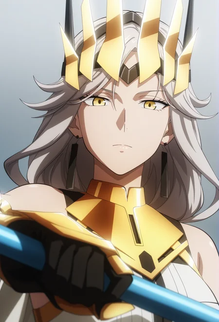 official style,(anime coloring:1.6),(anime screencap) masterpiece,masterpiece,best quality,very aesthetic,
absurdres,highres,
mature female,slim figure,medium breasts,<lora:detailed hand focus style illustriousXL v1:0.5>,detailed,
light grey background,solid background,gradient background,backlighting,cinematic_angle,1girl,solo,
sunrise,expressionless,looking at viewer,contempt,confident,elegant,standing,upper body,portrait,
<lora:To Be Hero X-QueenV1-Nuclear1811-IL:0.7>,Queen-Liu,yellow eyes,grey hair,long hair,very long hair,braid,long braid,single braid,braided ponytail,ch3,ch3 horns,ch3 silver horns,ch3 fake horns,ch3 jewelry,ch3 earrings,ch3 black earrings,ch3 armor,ch3 golden armor,ch3 cape,ch3 white cape,ch3 bare shoulders,ch3 dress,ch3 white dress,ch3 boots,ch3 gauntlets,ch3 boots,ch3 white footwear,ch3 high heels,ch3 high heel boots,ch3 crown,ch3 golden crown,ch3 headgear,ch3 headpiece,wp1 weapon,wp1 spear,wp1 polearm,holding weapon,