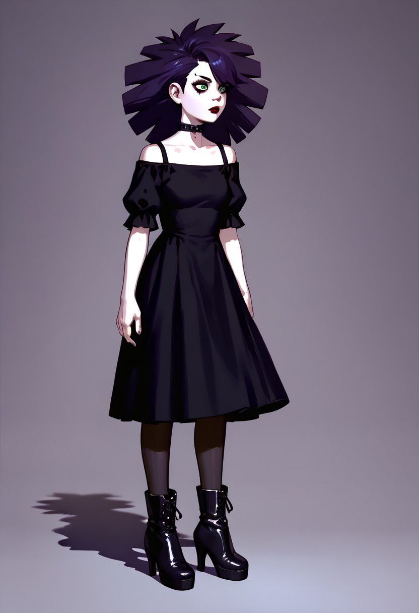 score_9, score_8_up, score_7_up BREAK JaniceCS, dark purple hair, green eyes, pale skin, black eyeliner, red lipstick, black spike choker, black gothic dress, black stockings, black heeled boots, full body, solo, solo focus,