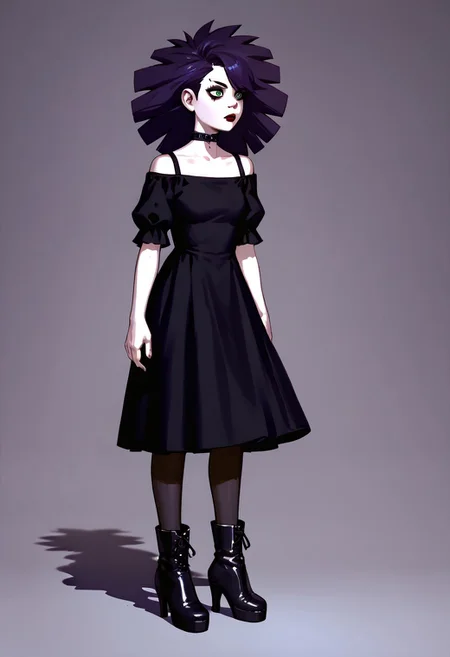 score_9, score_8_up, score_7_up BREAK JaniceCS, dark purple hair, green eyes, pale skin, black eyeliner, red lipstick, black spike choker, black gothic dress, black stockings, black heeled boots, full body, solo, solo focus,