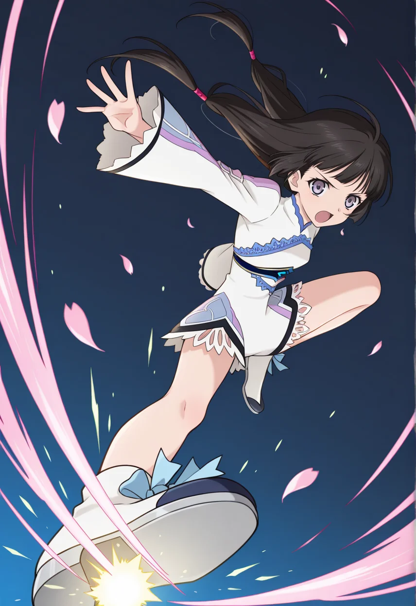 serious, floating petals, sakura petals,
BREAK,
<lora:kohak_illustriousXL_v03:1.4>
kohakdef, black hair, purple eyes, very long hair, blunt bangs, ahoge, low tied hair, twintails,
white bodysuit, long sleeves, wide sleeves, lace, back cutout, laced sleeves,
bare legs, pointe shoes,
<lora:riderkick_Illust_v1:0.7>rider kick, flame effects, spark, glow, incoming attack,, source_anime, very aesthetic, anime coloring, masterpiece,
best quality, amazing quality, ultra detailed, very aesthetic,
detailed background,
BREAK,, gradient background, dark blue background, particle effects,