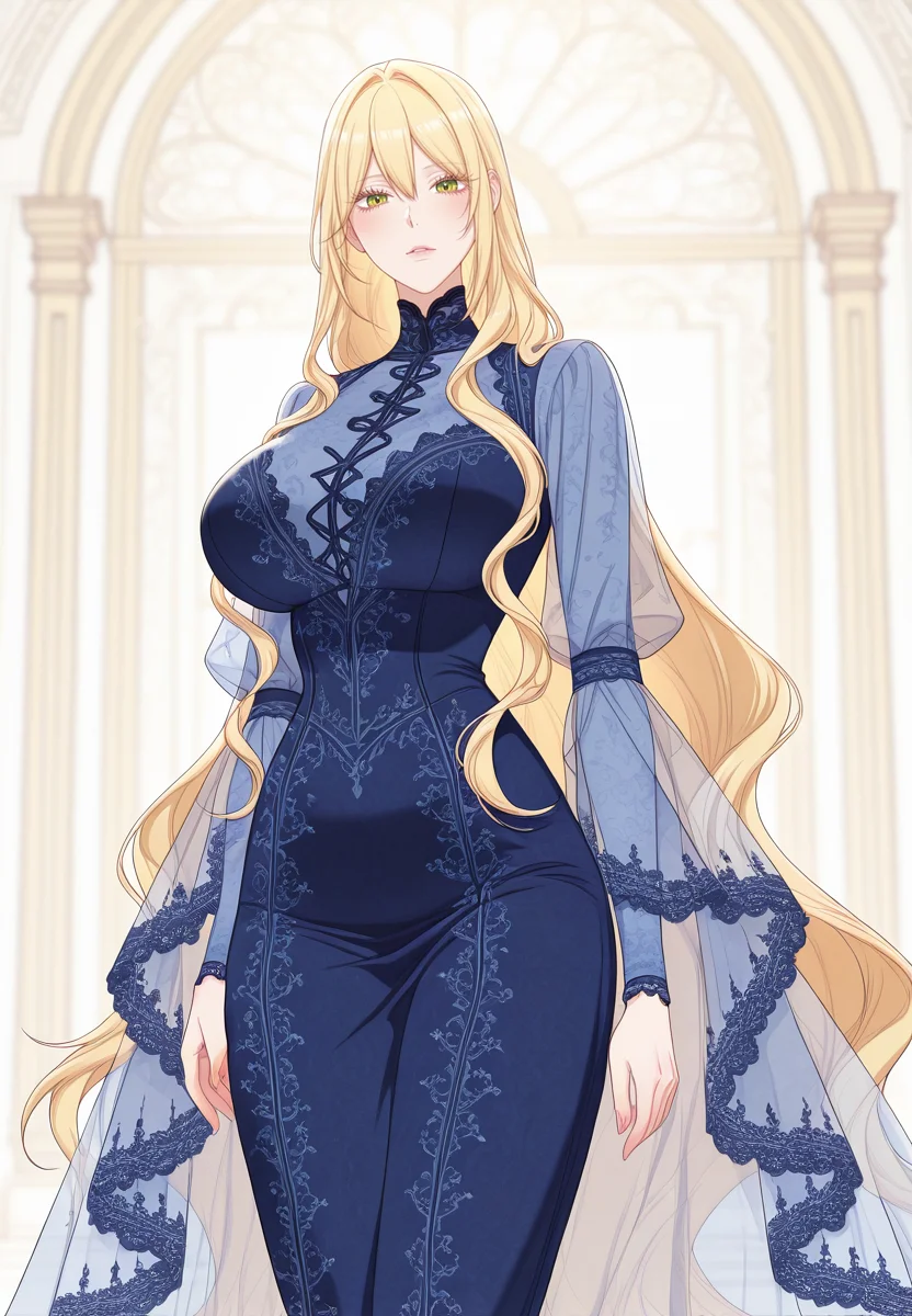 zPDXL3, score_9_up, score_8_up, score_7_up, ,Masterpiece,(perfect female body:1.2), small waist, (incredibly detailed:1.4), beautiful fingers, (large breasts:1.4) looking at viewer, huge breasts, <lora:Aria_Roscente_-_The_Villainess_Reverses_the_Hourglass-Kaleid_Illustrious:1>aria roscente, 1girl, green eyes, blonde hair, very long hair, hair between eyes, eyelashes, dress, blue dress, long dress