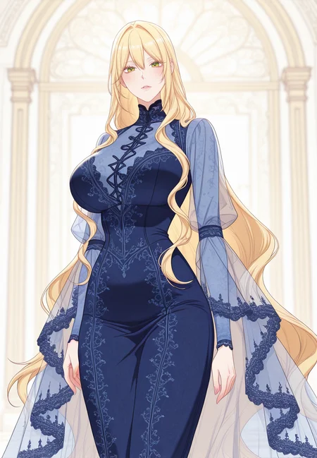 zPDXL3, score_9_up, score_8_up, score_7_up, ,Masterpiece,(perfect female body:1.2), small waist, (incredibly detailed:1.4), beautiful fingers, (large breasts:1.4) looking at viewer, huge breasts, <lora:Aria_Roscente_-_The_Villainess_Reverses_the_Hourglass-Kaleid_Illustrious:1>aria roscente, 1girl, green eyes, blonde hair, very long hair, hair between eyes, eyelashes, dress, blue dress, long dress