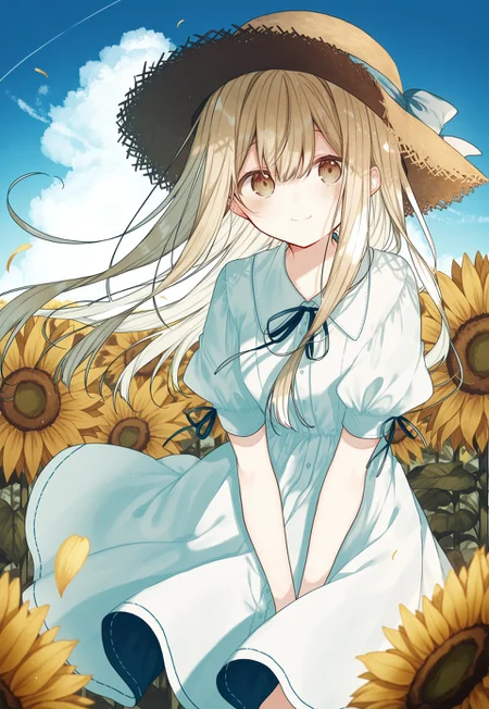 kaisake \(utp\),heripiro,kazutake hazano,kele mimi,
1girl, original, blonde hair, blue ribbon, blue sky, brown eyes, closed mouth, cloud, collared dress, cumulonimbus cloud, dress, field, flower, flower field, hat, long hair, looking at viewer, outdoors, petals, puffy short sleeves, puffy sleeves, ribbon, short sleeves, sky, solo, straw hat, summer, sun hat, sundress, sunflower, sunflower field, sunflower petals, white dress, wind lights on, smile, day, hair between eye,
,masterpiece,best quality,amazing quality,