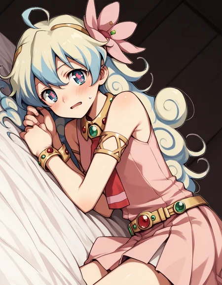 score_9, score_8_up, score_7_up, source_anime,
niateppelin, <lora:nia-teppelin-ponyxl-lora-nochekaiser:1>,
nia teppelin, cross-shaped pupils, hair flower, hair ornament, long hair, multicolored hair, simple background, symbol-shaped pupils, two-tone hair, ahoge, curly hair,
armlet, bracelet, dress, pink skirt, skirt, sleeveless,
indoors, bed, bed room, on side, blush, drunk,
looking at viewer, solo, cowboy shot, dutch angle,