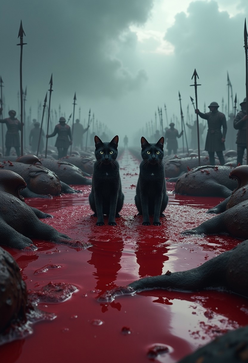 A blood-soaked battlefield, low-angle perspective.  Two cats in dark, wade through a pool of crimson blood.  The blood pools are deep and reflective, highlighting the gruesome scene.  The bodies of fallen creatures or beasts, riddled with spears and broken weapons, litter the terrain.  Weapons are scattered around the scene, adding to the chaotic and violent mood.  The figures are mid-thigh to knee-level, highlighting the bloody water level.  Grayish-blue tones dominate the sky and background, creating a somber and gloomy atmosphere.  The lighting is dramatic, emphasizing the blood and the figures' silhouettes.  The scene conveys a feeling of war, sacrifice, and the brutality of conflict.  Highly detailed, dark, and brooding style.  Realistic portrayal of blood and gore in a historical setting, possibly inspired by medieval warfare.