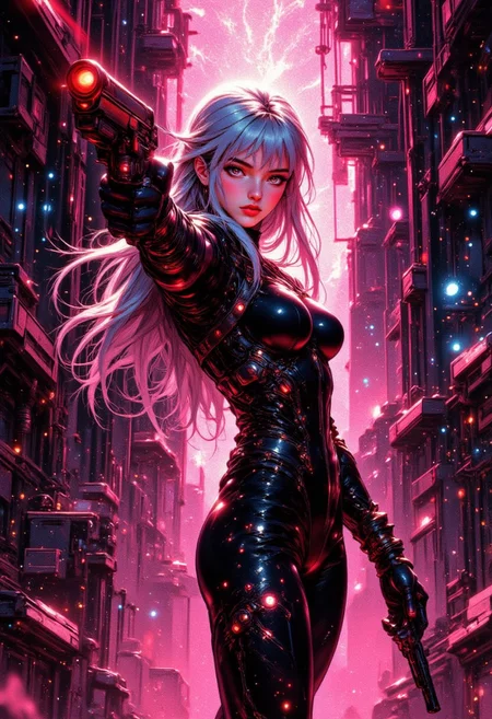 pinkmidnightfantasy, Silhouette Art, magnificent, dark background, portrait of stunning japanese female cyberpunk time traveller materialising from the void, long platinum hair with red and blonde streaks, sidelocks, bangs, skin-tight translucent bodysuit, aiming photon laser gun at viewer, wearing neon goggles, seductive, sultry, lustful, red lips, direct gaze, light hitting one side of face, abstract background with glass shards of magenta and cyan neon swirling in the soft bokeh, complementing the cool tones of her design
Show More