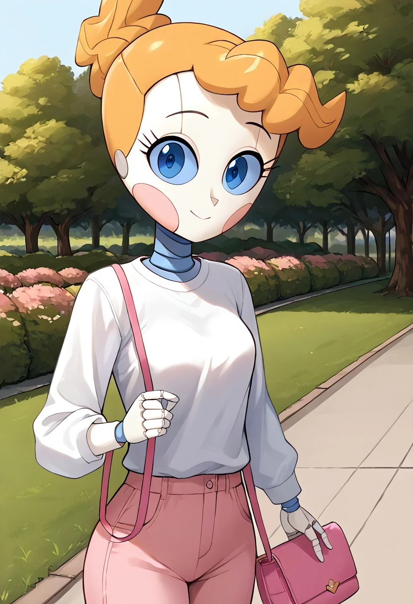 1girl, score_9, score_8_up, score_7_up, Franny, Orange Hair, Twintails, Twin Braids, Blue Eyes, white shirt, pants, Blush Stickers, Android, Joints outdoors, park, super cute, holding purse, looking at viewer, wholesome, bashful, detailed, masterpiece, perfect hands