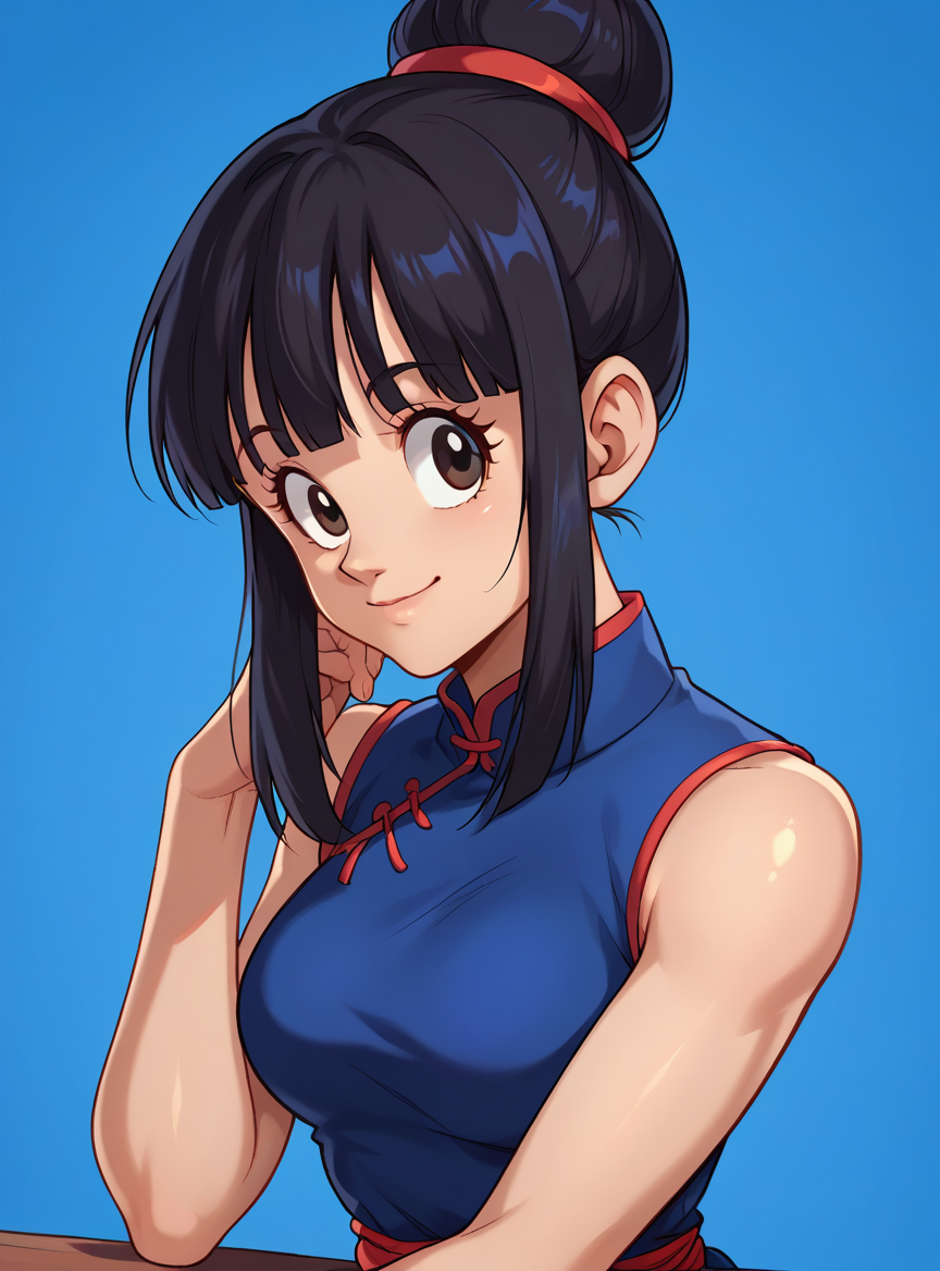 score_9, score_8_up, score_8, score_9, score_8_up, score_7_up,zPDXL2, source_anime,
chichixl, 1girl, solo, looking at viewer, smile, bangs, simple background, bare shoulders, medium breasts, sitting, closed mouth, upper body, sidelocks, sleeveless, day, shiny, hair bun, blurry, shiny hair, bare arms, eyelashes, blue dress, arm support, blue background, happy, light smile, arms at sides,
<lora:chichixl:1>