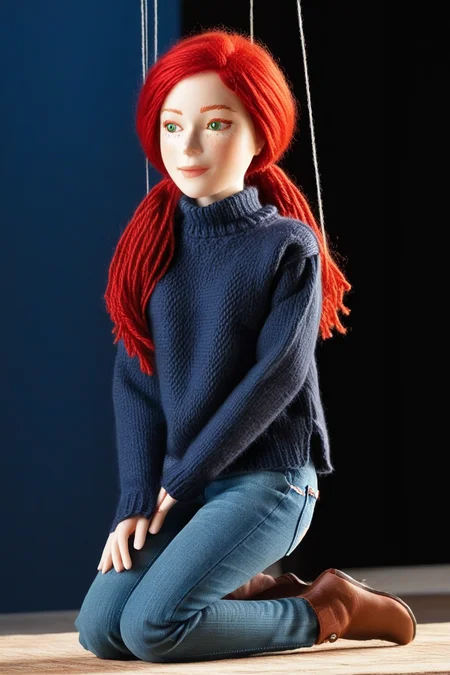 portrait of woman in cosy wool sweater and jeans sitting on stage, red hair, marionette, strings, drawn eyes <lora:marionette_lora_v2:0.9>