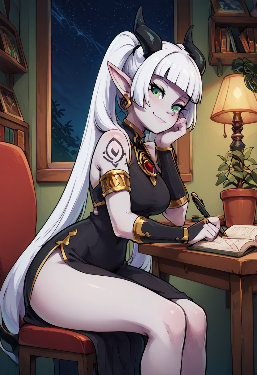 masterpiece, best quality, solo, curvy, beautiful eyes, narrow waist, wide hips, 1girl, solo, smile, looking at viewer, foreshortening, close up, anime screenshot, large breasts, zzSabellaCitronOC, long hair, green eyes, white hair, horns, pointy ears, twintails, grey skin,  shoulder tattoo, china dress, black dress, gold trim, jewelry, earrings, bare shoulders, armlet, bridal gauntlets, ,<lora:SabellaCitronOC_IXL_v2:1.0>,  , zzLofi, sitting, side view, desk, chair, book, bookshelf, head rest, holding, holding pen, lamp, night, open book, pen, plant, potted plant, sky, star (sky), starry sky, window, windowsill, writing, <lora:LofiGirl_Style_IXL:0.8>,