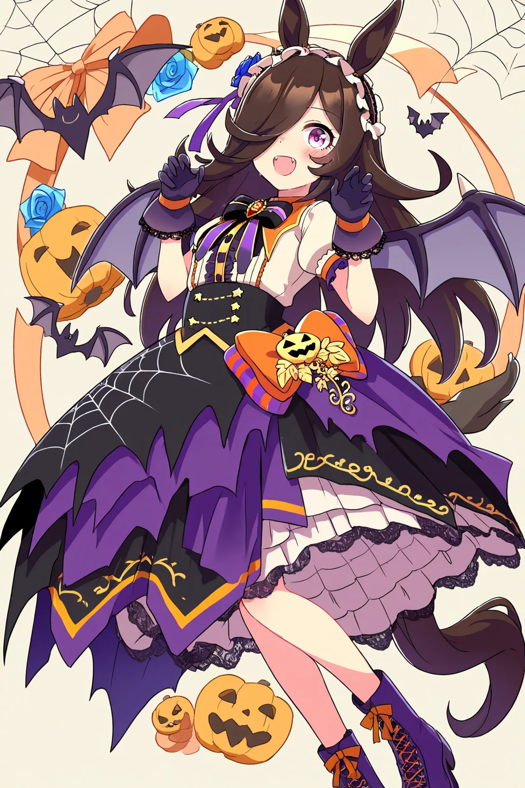 masterpiece,best quality,very aesthetic,absurdres,highres,newest,official art,official style,
1girl,solo,
rcs muv,rice shower (make up vampire!) (umamusume),rice shower (umamusume),
animal ears,bangs,bat wings,black bow,black bowtie,black skirt,
blue flower,blue rose,blush,boots,bow,bowtie,brooch,brown hair,
center frills,collared shirt,dress,eyebrows visible through hair,
flower,frilled hairband,frills,gloves,hair flower,hair ornament,hair over one eye,
hairband,halloween,high-waist skirt,horse ears,horse girl,horse tail,
jewelry,layered skirt,long hair,official alternate costume,orange bow,
puffy short sleeves,puffy sleeves,purple bow,purple eyes,purple footwear,purple gloves,
purple hairband,purple skirt,rose,shirt,short sleeves,skirt,spider web print,tail,violet eyes,white shirt,
standing,full body,
<lora:umamusume_rice_shower_ill_v1.0:1>,