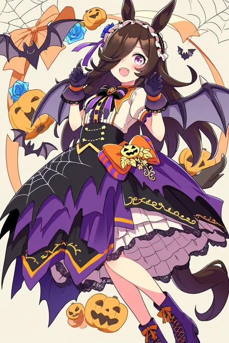 masterpiece,best quality,very aesthetic,absurdres,highres,newest,official art,official style,
1girl,solo,
rcs muv,rice shower (make up vampire!) (umamusume),rice shower (umamusume),
animal ears,bangs,bat wings,black bow,black bowtie,black skirt,
blue flower,blue rose,blush,boots,bow,bowtie,brooch,brown hair,
center frills,collared shirt,dress,eyebrows visible through hair,
flower,frilled hairband,frills,gloves,hair flower,hair ornament,hair over one eye,
hairband,halloween,high-waist skirt,horse ears,horse girl,horse tail,
jewelry,layered skirt,long hair,official alternate costume,orange bow,
puffy short sleeves,puffy sleeves,purple bow,purple eyes,purple footwear,purple gloves,
purple hairband,purple skirt,rose,shirt,short sleeves,skirt,spider web print,tail,violet eyes,white shirt,
standing,full body,
<lora:umamusume_rice_shower_ill_v1.0:1>,