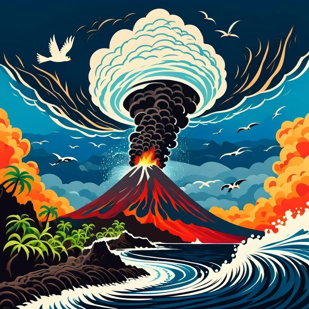 simple cartoon, flat color, rolling thunder, ocean swirl, little fluffy clouds, idyllic island cataclysm, volcano eruption, plume, lava flowing, tsunami whirlpool, bird, mad-stncl