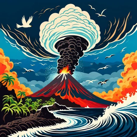 simple cartoon, flat color, rolling thunder, ocean swirl, little fluffy clouds, idyllic island cataclysm, volcano eruption, plume, lava flowing, tsunami whirlpool, bird, mad-stncl