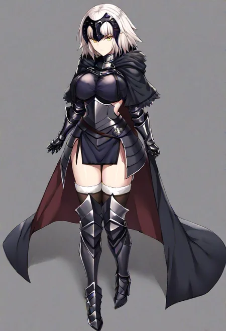 Jeanne_Armored, white hair, short hair, yellow eyes, headpiece, black armor, breastplate, short dress, armored skirt, vambraces, underbust, metal collar, fur-trimmed capelet, cloak, belt, scabbard, thighhighs, armored boots, thighhighs under boots,
masterpiece, best quality, very aesthetic, absurdres, 1milf, 1adult, solo, full_body, tachi-e,