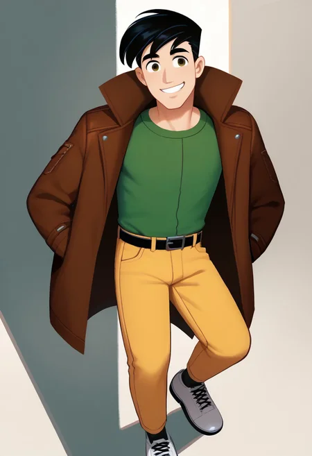 score_9, score_8_up, score_7_up BREAK RyanDef, 1boy, black hair, brown eyes, open brown jacket, green undershirt, belt, buckle, yellow pants, gray white shoes, full body, smiling at viewer,