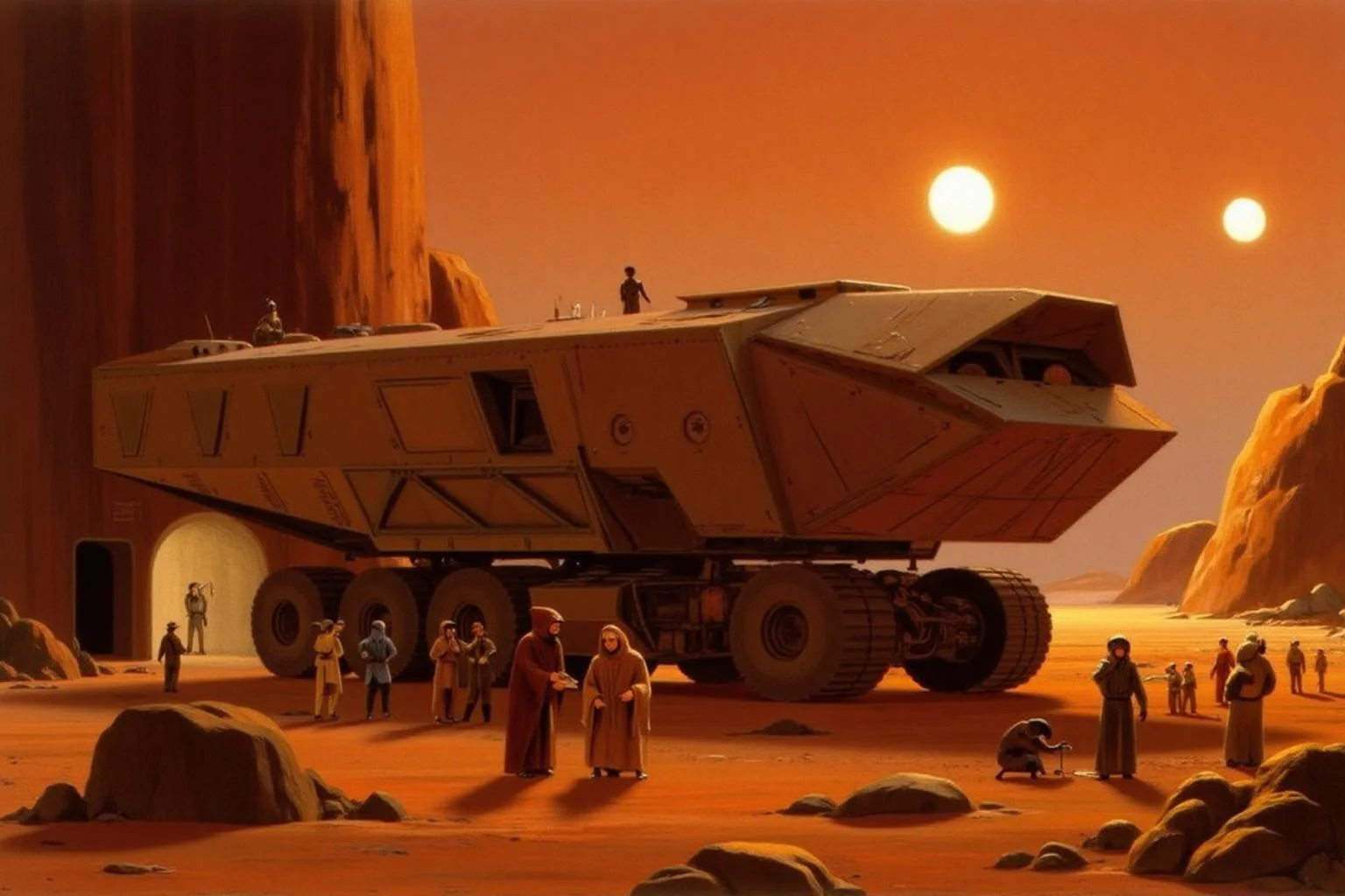 ralphmcq1 painting.
A scene from a Star Wars universe, set on the planet Tatooine with its Twin sunsat sunset. The image is rendered in a realistic, detailed style with a warm, sunset hue, casting long shadows across the sandy, rocky terrain. A Jawa Sandcrowler, a massive transport vehicle is parked in the center. Groups of Jawas, small creatures dress in hooded robers, are trading around the vehicle.
<lora:ralphmcq_cap_d6a3:1.0><lora:830322950759564337:0>