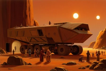 ralphmcq1 painting.
A scene from a Star Wars universe, set on the planet Tatooine with its Twin sunsat sunset. The image is rendered in a realistic, detailed style with a warm, sunset hue, casting long shadows across the sandy, rocky terrain. A Jawa Sandcrowler, a massive transport vehicle is parked in the center. Groups of Jawas, small creatures dress in hooded robers, are trading around the vehicle.
<lora:ralphmcq_cap_d6a3:1.0><lora:830322950759564337:0>