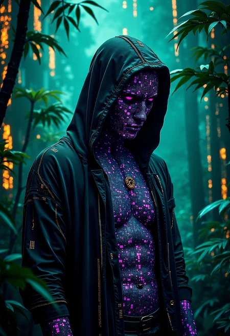 bo-digitalabstract, Cyber shaman in a neon-lit jungle, blending nature and technology, glowing bio-luminescent plants, digital patterns on skin and clothing, dark green and purple tones, (hooded figure:1.3), (organic-tech fusion:1.4), mystical and enigmatic, spiritual cyberpunk atmosphere, cinematic lighting, digital painting, inspired by futuristic fantasy.<lora:Flux\boFLUX Digital Abstract.safetensors:0.8:0.8>