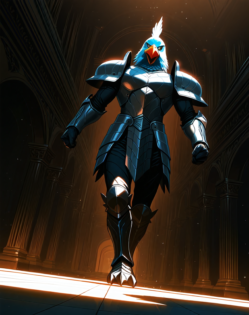 <lora:Fokka_(Zelda_2)_(Illustrious)_(AD):1> Fokka, birdmen, armor, 
male focus, intense shadows, dynamic shadows and lighting, intricate details, attention to details, gradient coloring, dutch angle, interior, palace, beak, 
EZRealPONYXL, zPDXL, Smooth Quality, lazynsfw,