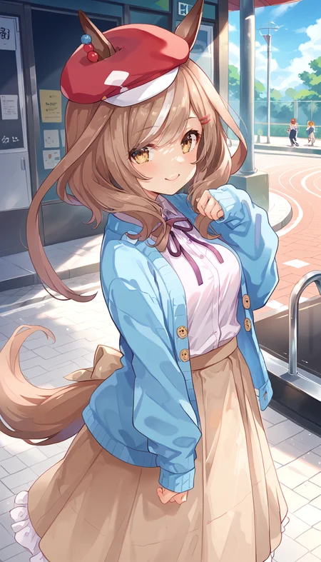 score_9,score_8_up,score_7_up,official art,masterpiece,high quality,megami magazine,official style,game cg,ao banana,
1girl,
mkt race, matikane tannhauser (umamusume),
mkt casual, matikane tannhauser (umamusume),
animal ears, blue jacket, blush, brown hair, ears through headwear,
hair ornament, hairclip, hat, highres, horse ears, horse girl, horse tail,
jacket, long sleeves, multicolored hair, neck ribbon, open jacket,
red headwear, shirt, skirt, streaked hair, tail, casual, medium hair,
yellow eyes, beret, blue cardigan, brown skirt, cardigan, shirt tucked in,
eyebrows visible through hair, purple ribbon, purple shirt, white hair,
alternate costume, hair between eyes,
long dress,
standing,<lora:umamusume_matikane_tannhauser_pony_v1:1>,