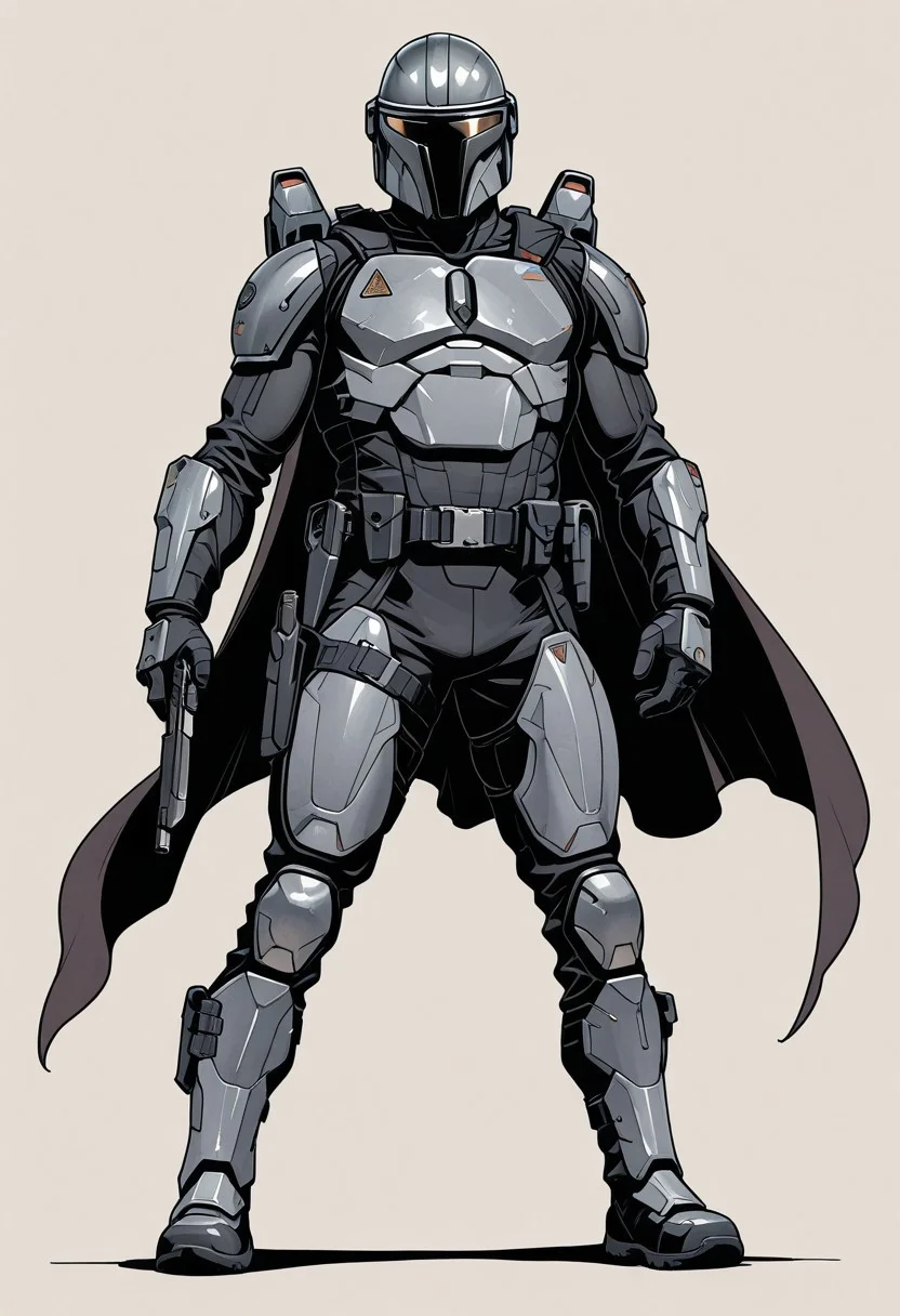 score_9, score_8_up, score_7_up, masterpiece, best quality, very aesthetic, detailed face, (dynamic:1.1), partial illumination, thick linework, illustration, 1male, muscular, black body suit, gray armor, belt, holsters, pouches, tactical knife, sheath, holding pistol, desert eagle, heavy armor, solo, simple background, shoulder crest, full body view, boot knife, tactical gear, armored boots, jet pack, cape, armored boots, edgnanosuit_bodysuit,