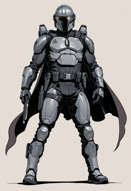 score_9, score_8_up, score_7_up, masterpiece, best quality, very aesthetic, detailed face, (dynamic:1.1), partial illumination, thick linework, illustration, 1male, muscular, black body suit, gray armor, belt, holsters, pouches, tactical knife, sheath, holding pistol, desert eagle, heavy armor, solo, simple background, shoulder crest, full body view, boot knife, tactical gear, armored boots, jet pack, cape, armored boots, edgnanosuit_bodysuit,