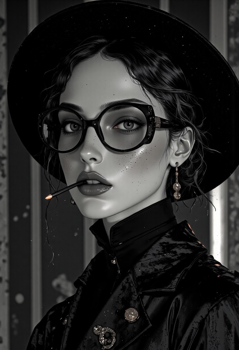 Close-up portrait of a stylish 1920s elegant young woman in monochrome, featuring round black glasses with a classic design, an aigrette hat adding a vintage touch, and natural freckles adorning her face. Her hair is loosely tied with soft strands framing her face, complementing her piercing gaze. A long ebony cigarette holder with a lit smoking cigarette is subtly held between her slightly parted lips, adding a seductive vibe. Her entire appearance reflects a touch of feminism, blending elegance with a bold social statement. The overall tone is sleek and detailed, highlighting the interplay of light and shadow in a black-and-white aesthetic. 