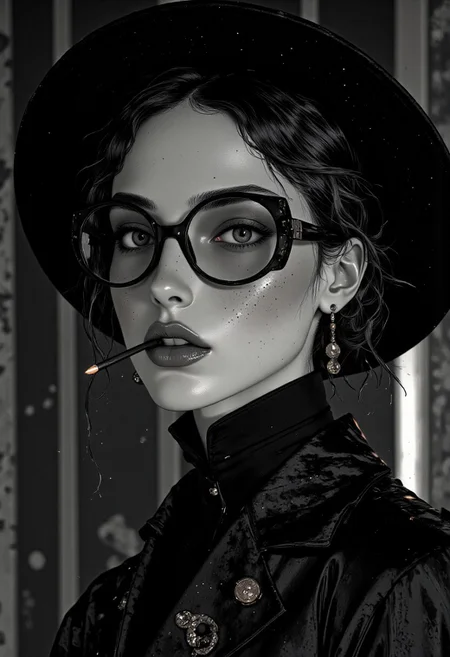 Close-up portrait of a stylish 1920s elegant young woman in monochrome, featuring round black glasses with a classic design, an aigrette hat adding a vintage touch, and natural freckles adorning her face. Her hair is loosely tied with soft strands framing her face, complementing her piercing gaze. A long ebony cigarette holder with a lit smoking cigarette is subtly held between her slightly parted lips, adding a seductive vibe. Her entire appearance reflects a touch of feminism, blending elegance with a bold social statement. The overall tone is sleek and detailed, highlighting the interplay of light and shadow in a black-and-white aesthetic.