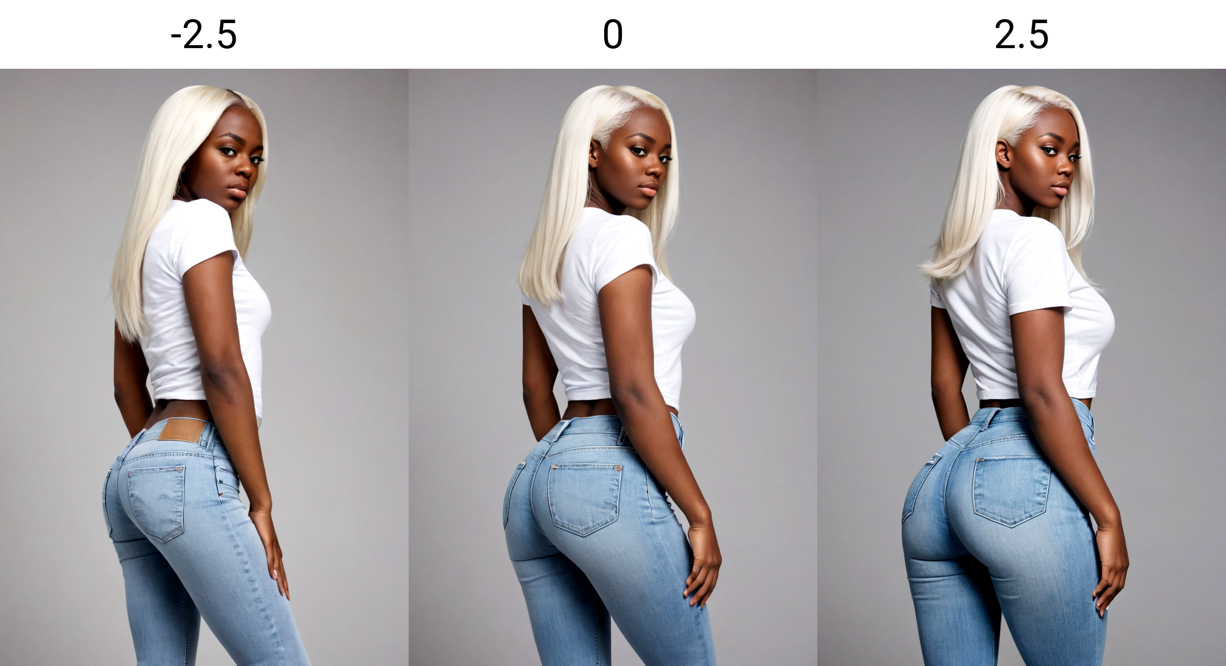 <lora:Bubble Butt_alpha1.0_rank4_noxattn_last:-2.5>, butt, woman, ((standing)), (jeans), (white tshirt), ((looking at viewer)), bubble butt, beautiful face, (((side view))), (white straight hair), 
<lora:Skin Color_alpha1.0_rank4_noxattn_last:2.5>,