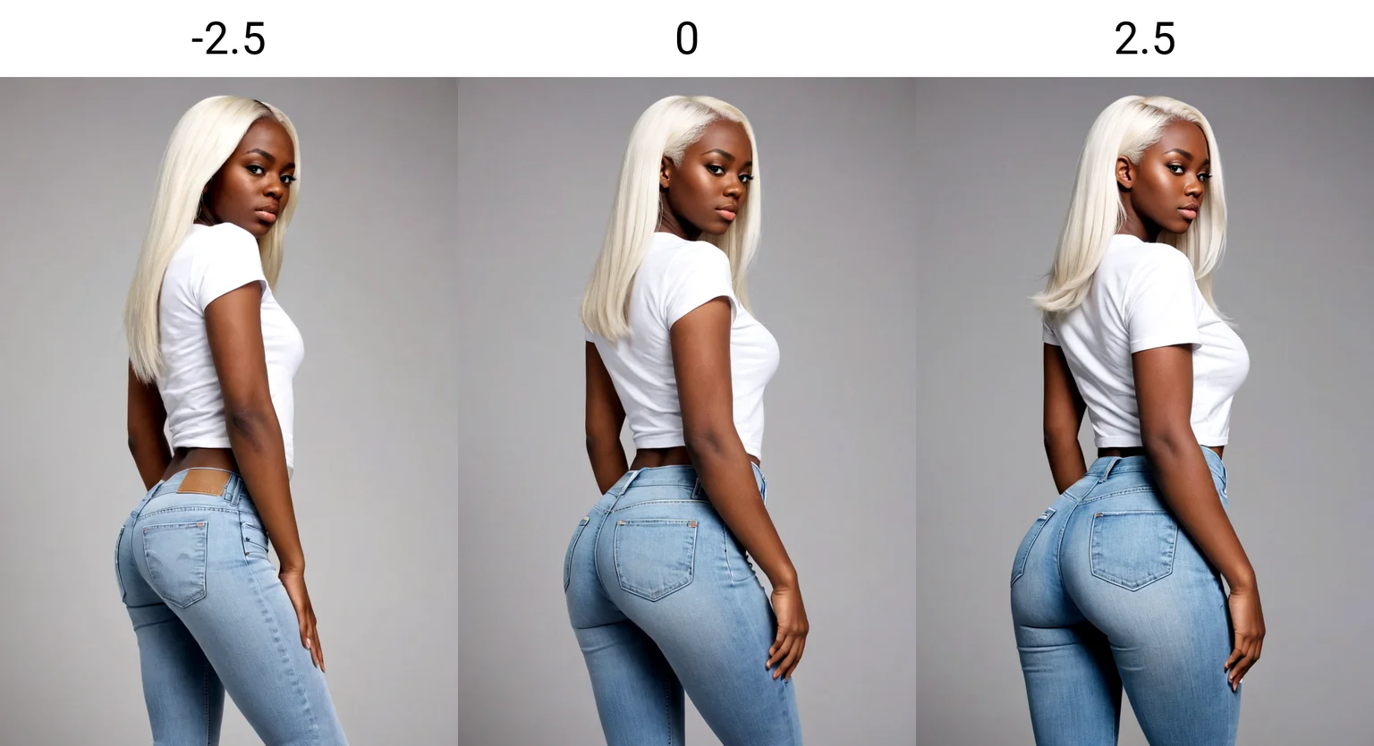 <lora:Bubble Butt_alpha1.0_rank4_noxattn_last:-2.5>, butt, woman, ((standing)), (jeans), (white tshirt), ((looking at viewer)), bubble butt, beautiful face, (((side view))), (white straight hair), 
<lora:Skin Color_alpha1.0_rank4_noxattn_last:2.5>,