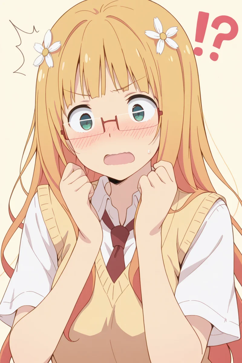 masterpiece, best quality, amazing quality,
<lora:Mitsuki_IL:1> mitsuki, 1girl, long hair, solo, glasses, hair ornament, !?, open mouth, school uniform, necktie, simple background, sweater vest, blush
