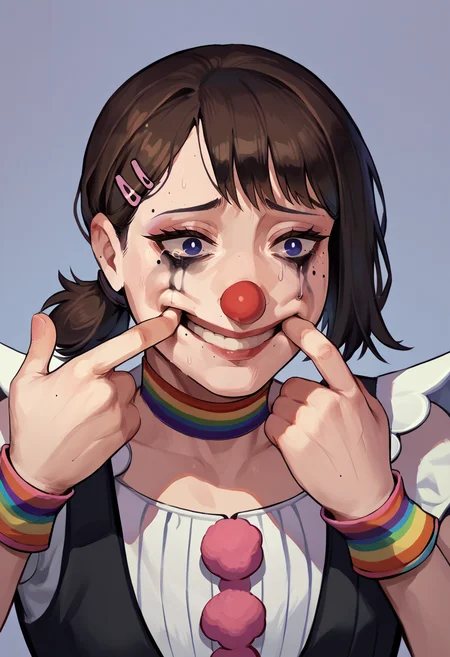 score_9, score_8_up, score_7_up, forced smile, mouth pull, fingersmile, <lora:JokersForcedSmile_pdxl_Incrs_v1:1>, makeup, clown nose, runny makeup, 1girl, higashiyama kobeni,