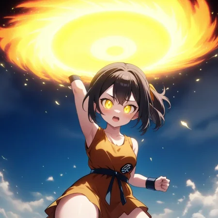 super high quality extremely detailed 8k photo realistic photo of cute waifu holding a bright glowing giant yellow destructo disk<lora:destructo disk:1> of energy flying through the sky , extremely detailed eyes and facial features, epic cinematic lighting and amazing composition