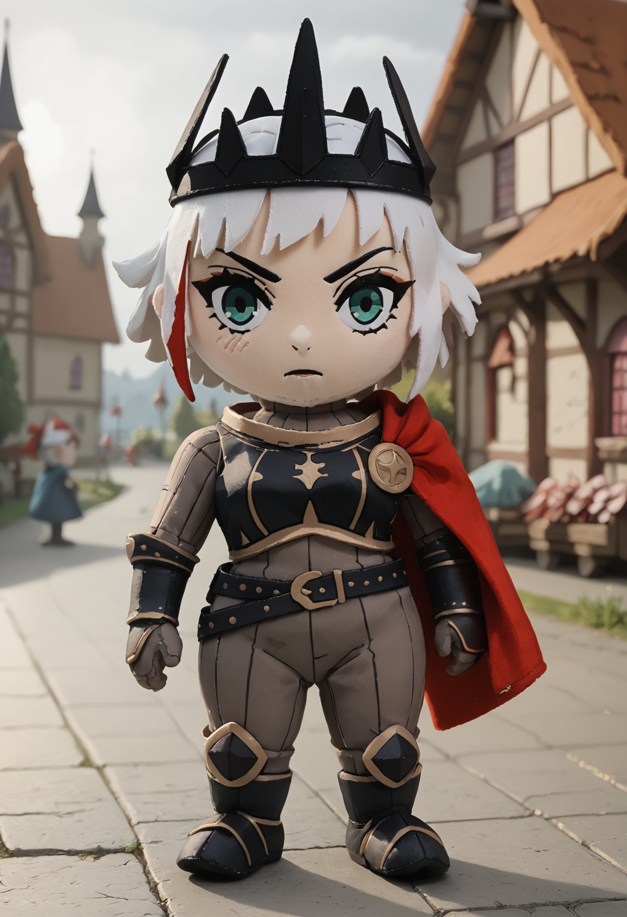 score_9, score_8_up, score_7_up, score_6_up BREAK, plushify, character stuffed toy, chibi, 1girl, solo, bimbo, short hair, white hair, multicolored hair, crown, armor, gloves, bracers, belt, bodysuit, cape, thick thighs, ulf-dh, medieval town, castle <lora:add-detail-xl:0.3> <lora:Ulfger_PDXL:0.7> <lora:woafu_plushify_pony:1>