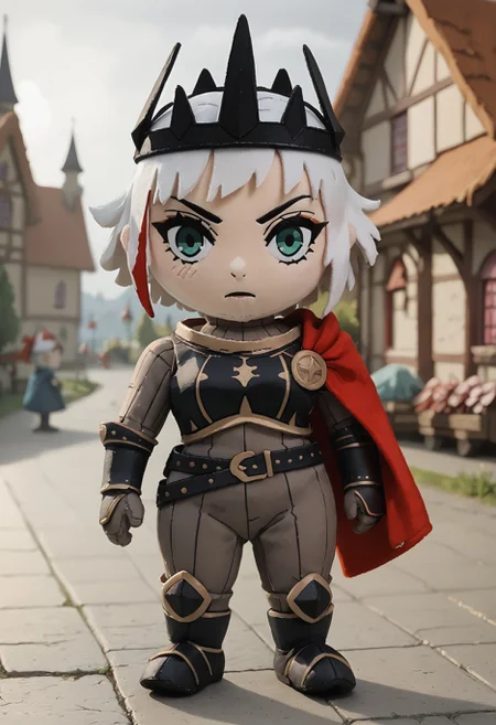 score_9, score_8_up, score_7_up, score_6_up BREAK, plushify, character stuffed toy, chibi, 1girl, solo, bimbo, short hair, white hair, multicolored hair, crown, armor, gloves, bracers, belt, bodysuit, cape, thick thighs, ulf-dh, medieval town, castle <lora:add-detail-xl:0.3> <lora:Ulfger_PDXL:0.7> <lora:woafu_plushify_pony:1>