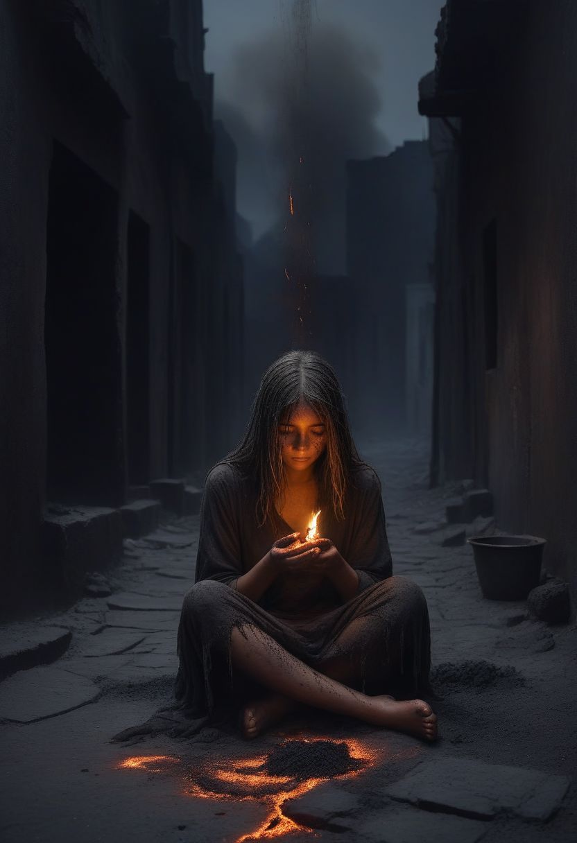 ((image of a lonely young girl sitting in a dark street realm)),hair covering face,ragged clothes,(feet covered in ash),ash falling from the skies,dark background,emptiness,girl has a lit match on her hands that has a dim light, eclipse in the background with dripping lava,(fire on her hands),deep darkness,hopeless