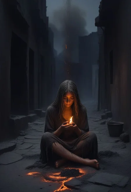 ((image of a lonely young girl sitting in a dark street realm)),hair covering face,ragged clothes,(feet covered in ash),ash falling from the skies,dark background,emptiness,girl has a lit match on her hands that has a dim light, eclipse in the background with dripping lava,(fire on her hands),deep darkness,hopeless
