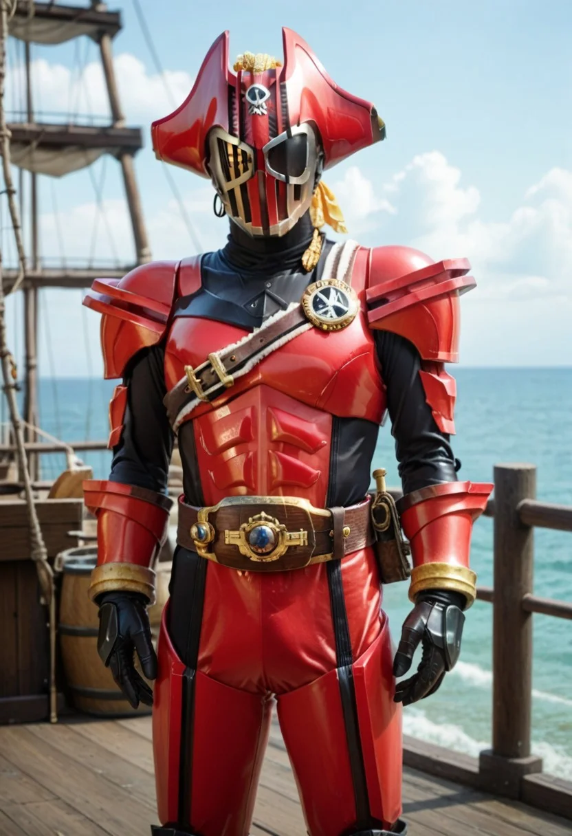 score_9, score_8, score_7, solo, armor, tokusatsu, bodysuit, helmet, rider belt, Pirate, red armor,