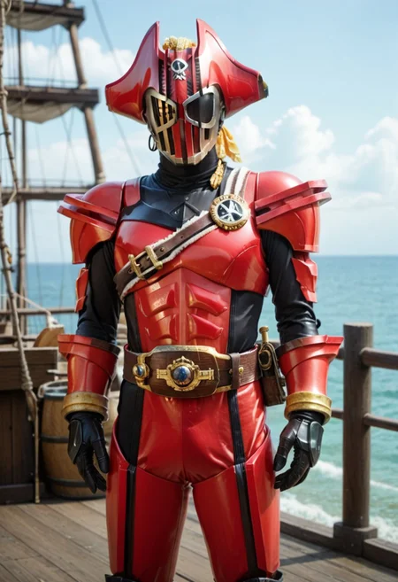 score_9, score_8, score_7, solo, armor, tokusatsu, bodysuit, helmet, rider belt, Pirate, red armor,