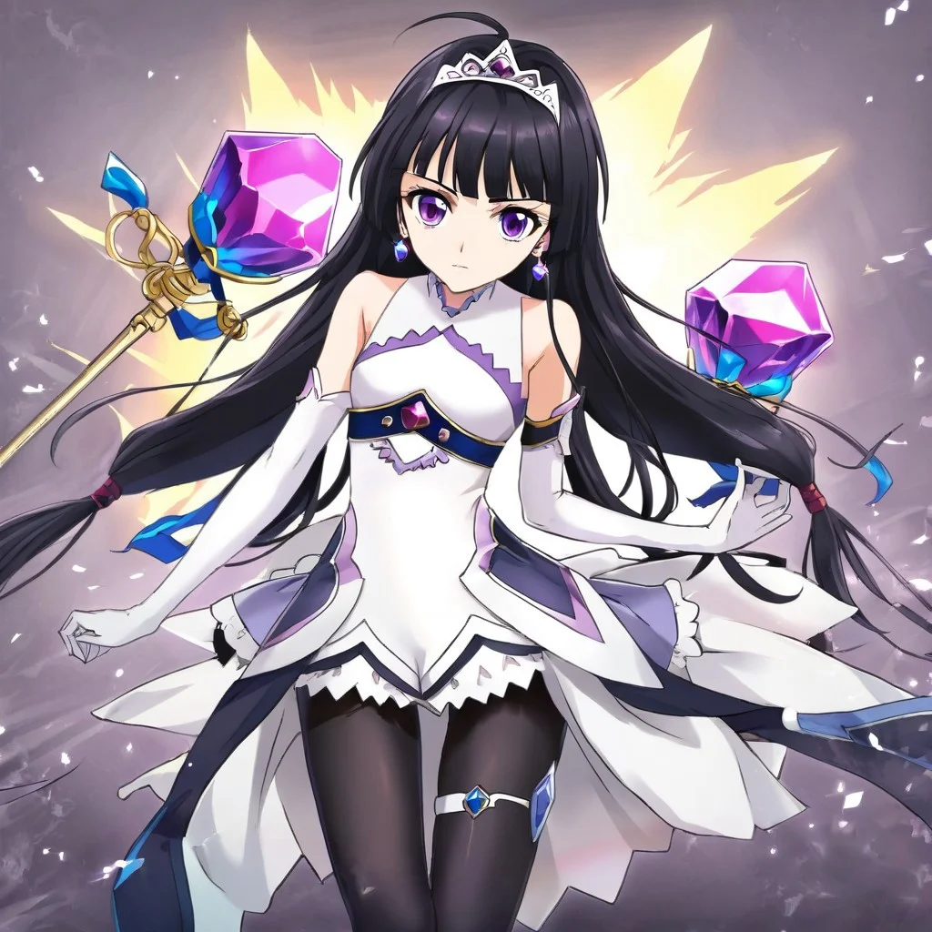 kohaku (tales), black hair, purple eyes, long hair, tiara, earrings, elbow gloves, bare shoulders, white dress, white gloves, arm guards, sleeveless dress, white skirt, pleated dress, purple chest jewel, thigh strap, black pantyhose, bright crystals in the background