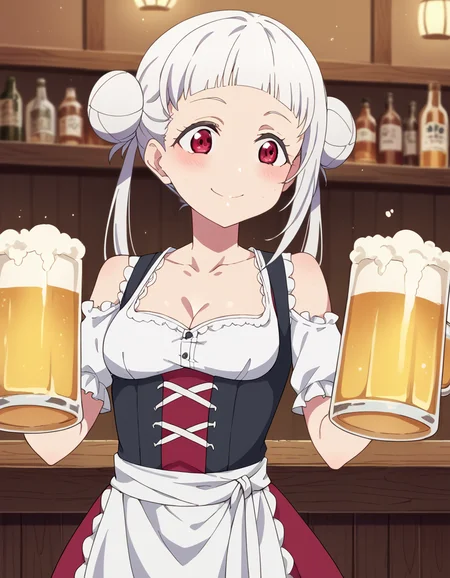 score_9, score_8_up, score_7_up, source_anime, <lora:chisato-arashi-s2-ponyxl-lora-nochekaiser:1>, chisato arashi, long hair, bangs, red eyes, twintails, white hair, blunt bangs, hair bun, double bun,, <lora:dirndl-ponyxl-lora-nochekaiser:1>, dirndl, german clothes, beer mug, collarbone, cleavage, beer, underbust, waist apron,, indoors, bar, smile, blush,, , cowboy shot, dutch angle