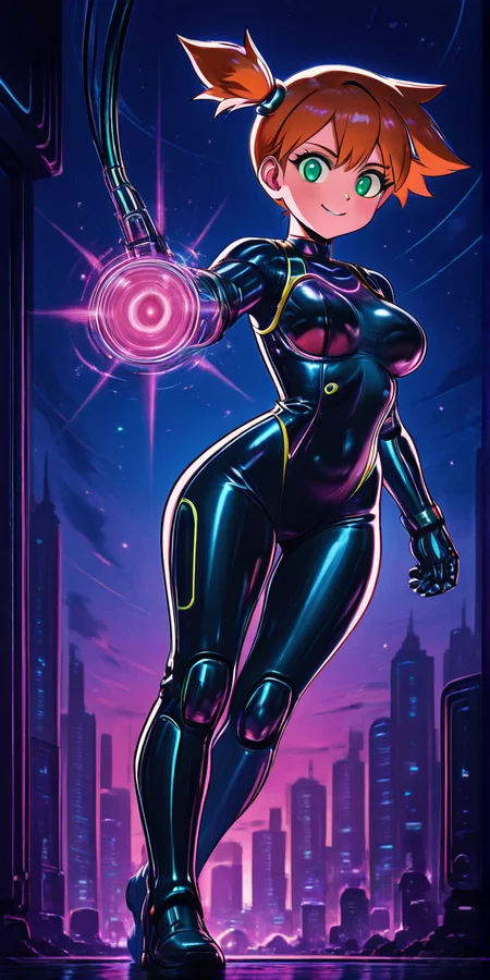 masterpiece, best quality, solo, curvy, beautiful eyes, narrow waist, wide hips, 1girl, solo, smile, looking at viewer, dynamic angle, foreshortening, close up,    zzMisty, green eyes, orange hair, short hair, side ponytail, <lora:MistyCardArt_IXL:0.8>,   D1sc0Pnk, neon,     <lora:DiscoPunk_IXL:1.0>,[Cyber-Soldier], heavy-duty combat armor with glowing blue lines running through it, cybernetic implants visible on her arms, armored gloves with touch-sensitive sensors, reinforced boots with energy shields, standing in a dystopian warzone with a large mech unit behind her, glowing laser sights scanning the environment,