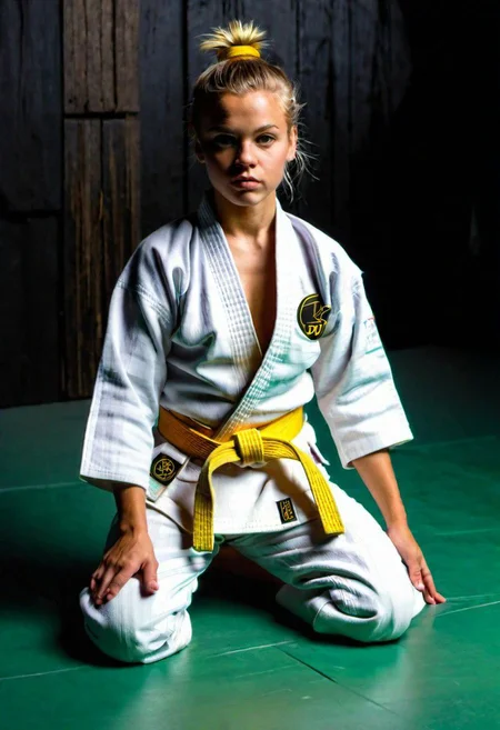 (((jp-j3d-2250))), Oil Painting. (Side) shot of (short, stocky girl). (pretty girl), kneeling alone on floor in small dark private dojo with pale green standard-size judo mats, weapons hung on dark bamboo wall, Japanese decor, playful and ferocious look, twinkling eyes, fair skin, ((extremely sweaty skin)), Very short wavy vanilla-blonde side-swept bob-cut hair with undercut and pigtails. ((dimples)). clavicles. upturned small chest. torpedo breasts, Navel. Disheveled. High-quality ((open white judo top)). wearing long white Judo pants. ((yellow  judo belt)), Hands on thighs. ((One breast exposed)). small dark nipples. ((sneakers)), Dimly lit from one side. Very Dark background. Backlight glow. 80mm f/6, (((1/250s))), ISO 25, golden hour light,