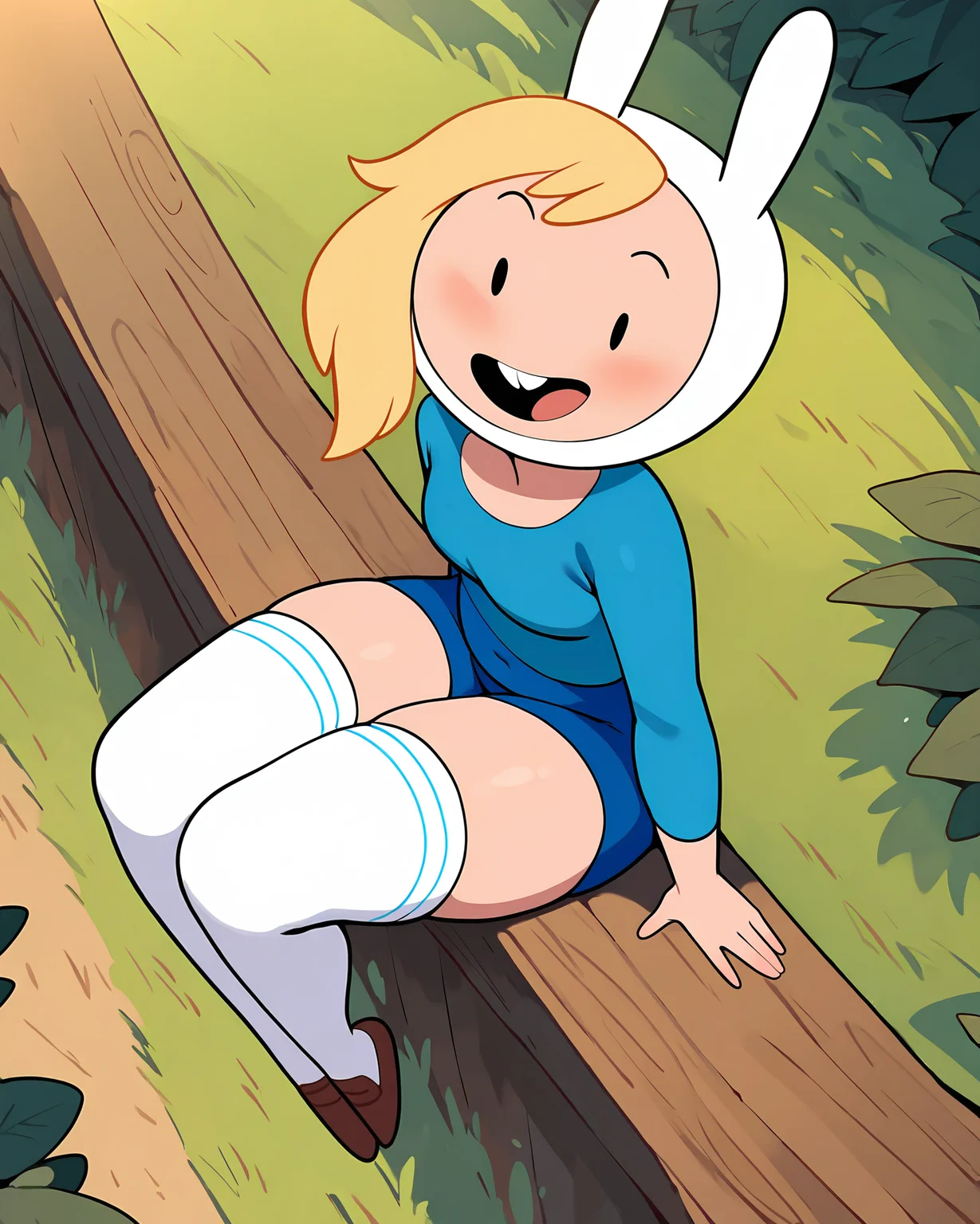 masterpiece, best quality, newest, absurdres, highres, dynamic angle, outdoors, nature
1girl, solo, cute, Fionna, looking at viewer, blonde hair, blue shirt, bunny hood, thighhighs, sitting, long sleeve shirt, blue shorts, happy, buck teeth, <lora:Fionna_ILL:1>