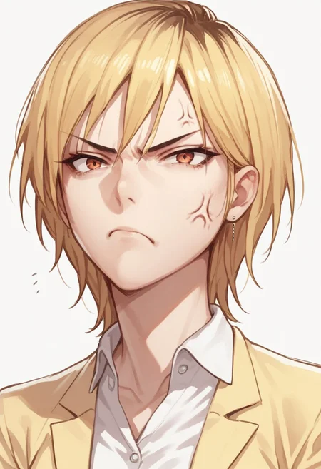 score_9, score_8_up, score_7_up, 1 girl , solo,
Yoshida Masaki, Blond hair, shirt, classroom background, perfect face, yellow jacket, angry face