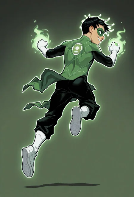 masterpiece, absurdres, high quality, perfect anatomy, 1boy, solo, cute boy, male focus, TaiPham, Black Hair, Green Lantern Ring, Green Lantern Costume, Green and Black Bodysuit, Green Domino Mask, White Eyes, White Gloves, Pelvic Curtain, Black Pants, White Shoes, Glowing Green Outline, Green Energy Aura, floating, levitating, big smile, cinematic, intricately detailed illustration, depth of field, masterpiece, best quality, amazing quality, very aesthetic, absurdres, newest, very awa,  shadow, dynamic angle, casual cosplay, dynamic pose, simple background, green theme, beitemian style, from behind, looking back