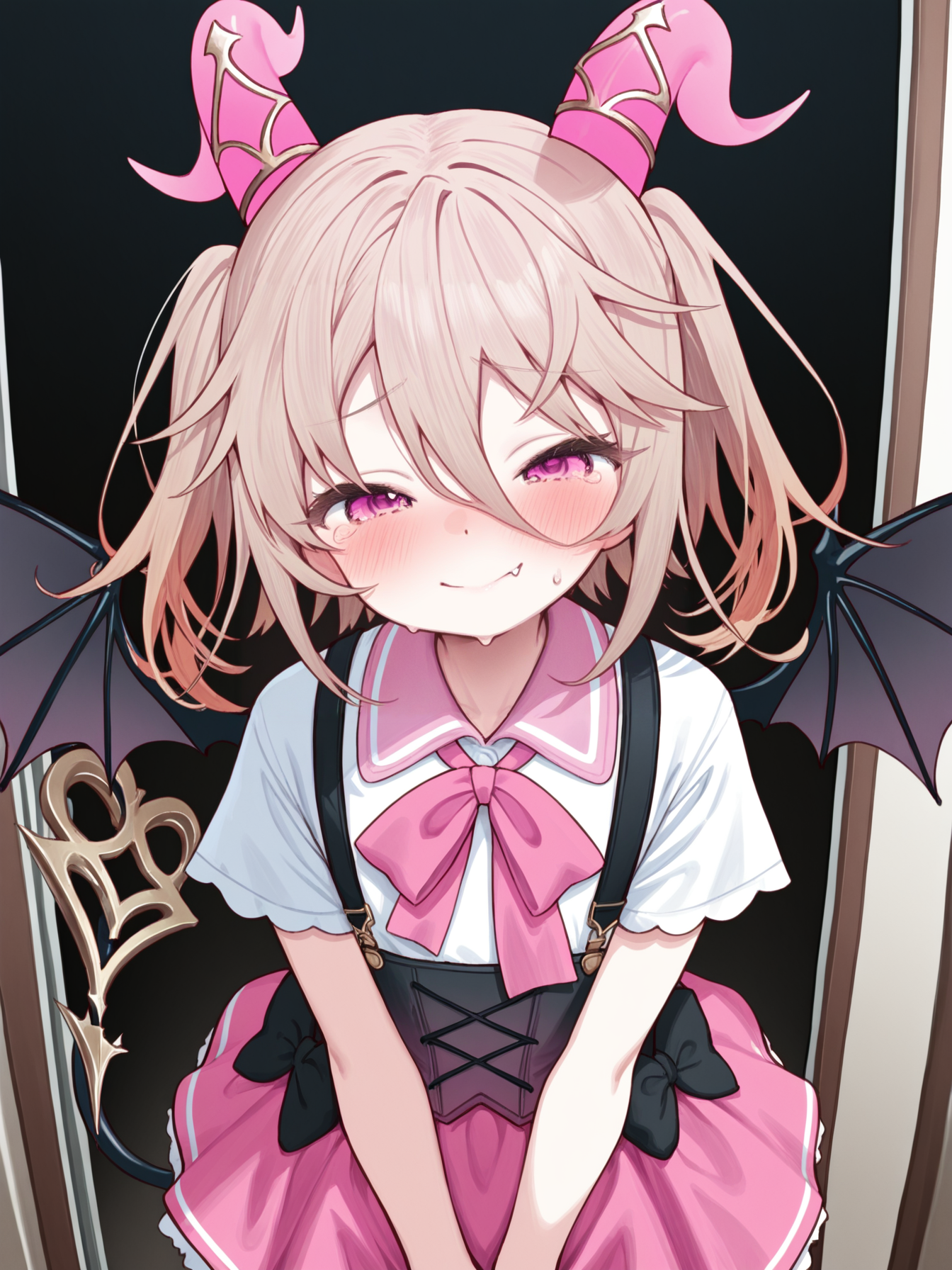 1girl,child,masterpiece,best quality,amazing quality,<lora:spo_sdxl_10ep_4k-data_lora_webui:1>,
<lora:lovey(noob):1>,lovey,pink horns,light brown hair,hair between eyes,medium hair,pink eyes,bat wings,demon tail,pink bowtie,white collared shirt,short sleeves,suspender skirt,pink skirt,black bow,
