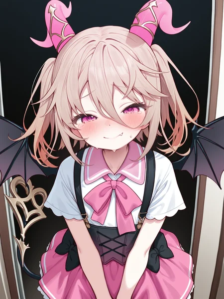 1girl,child,masterpiece,best quality,amazing quality,<lora:spo_sdxl_10ep_4k-data_lora_webui:1>,
<lora:lovey(noob):1>,lovey,pink horns,light brown hair,hair between eyes,medium hair,pink eyes,bat wings,demon tail,pink bowtie,white collared shirt,short sleeves,suspender skirt,pink skirt,black bow,
